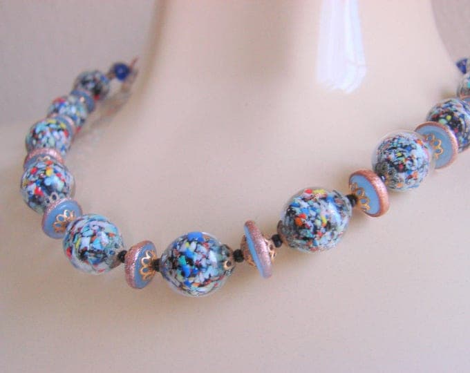 Venetian Confetti Bead Navy Art Glass Murano Glass Choker Necklace Vintage Jewelry Jewellery