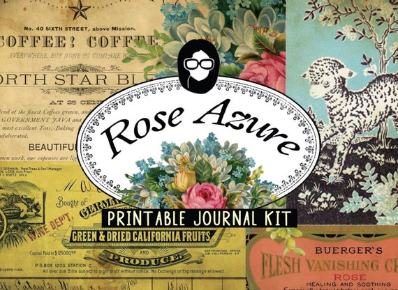 Vintage Junk Journal - Rose Azure - 20 Journal Refill Pages, journaling kit, junk journal, journal kit, writing journal, junk journal kit