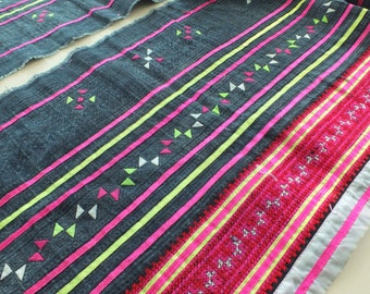 Handwoven Hmong hemp and cotton, Vintage fabric Indigo cross stitch textiles and fabrics- Table runner,