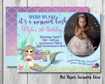 Mermaid Invitations/ Birthday Invitations/ Mermaid Party Invitations/ Digital Invitations/ Little Mermaid Personalized Invitations/ Photo