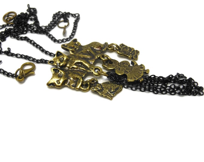 FREE SHIPPING Antiqued brass cats necklace, whimsical 3 kittens playing with 3 'toy' kittens, black chain, black dangles, extender leaf end