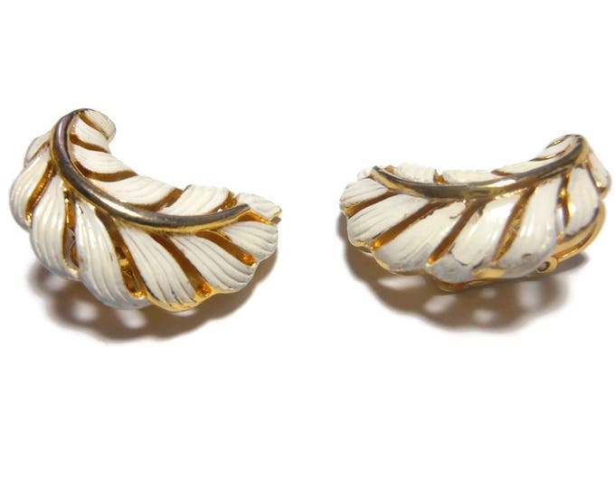 Crown Trifari earrings, 1950s early 60s leaf, gold clip earrings, white enamel over gold