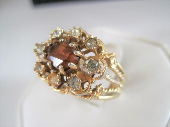 Topaz Rhinestone Ring - Multistone Gold Tone - Cocktail Ring Size 10