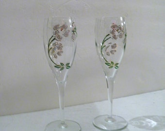 Pair of PERRIER JOUET White Pink Belle Epoque Champagne Flutes Hand Painted