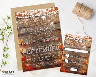 Rustic Wedding Invitation Fall Wedding Invite Country Wedding Mason Jar String Lights Autumn Leaves DIY Printable Rustic Wedding Set Digital