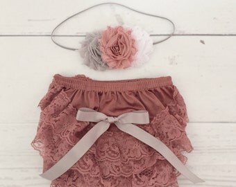 Vintage pink and gray shabby chic headband and bloomer set-lace baby bloomer-baby girl headband-newborn bloomer set-coming home newborn outf