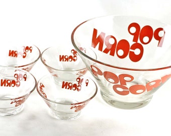 Vintage Popcorn Bowl Set 5 Piece with Red Letters