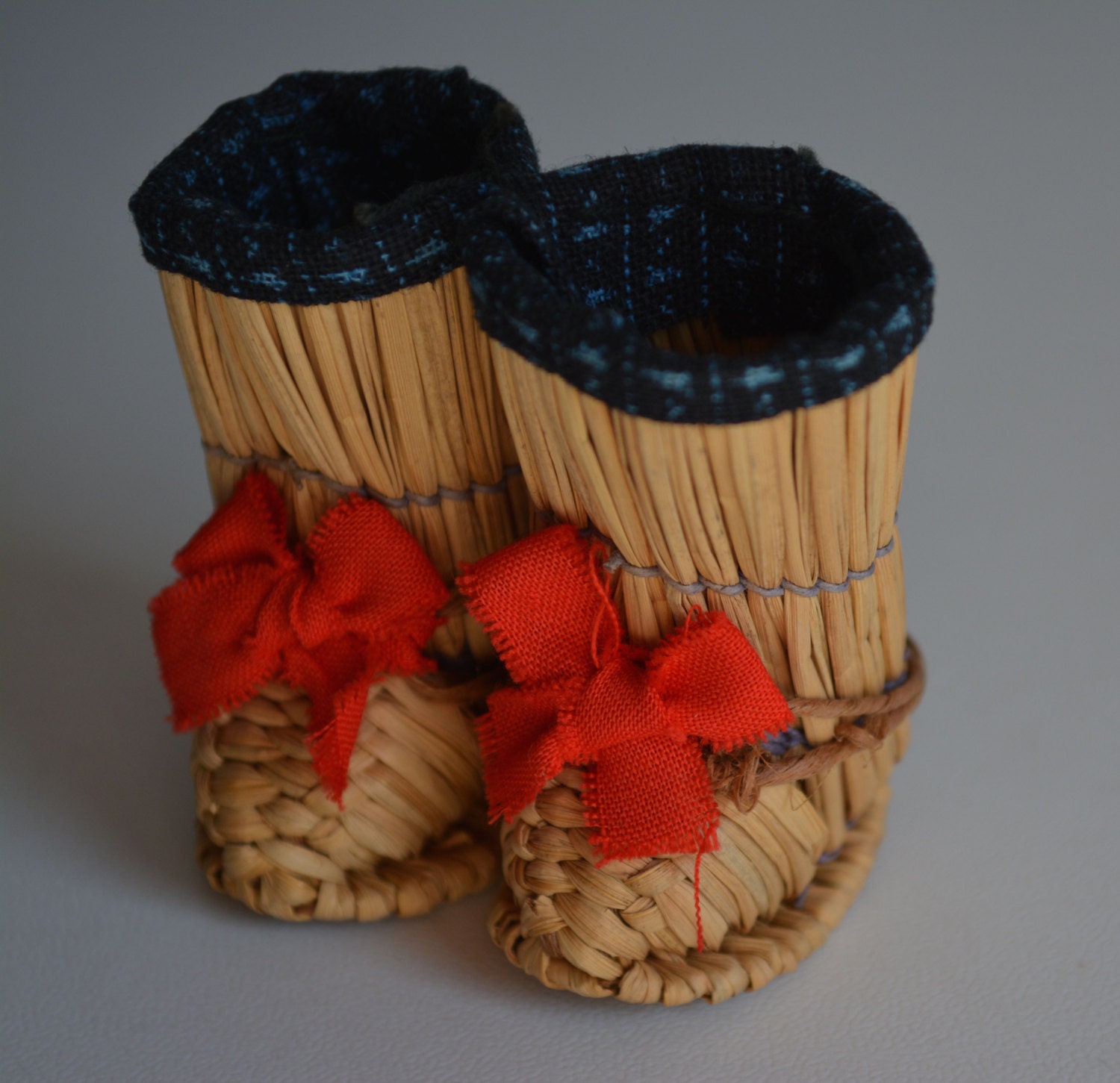 Miniature vintage Japanese straw snow boots mingei folk craft