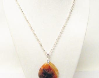 Brown Speckle Agate Teardrop w/Butterfly Pendant Necklace