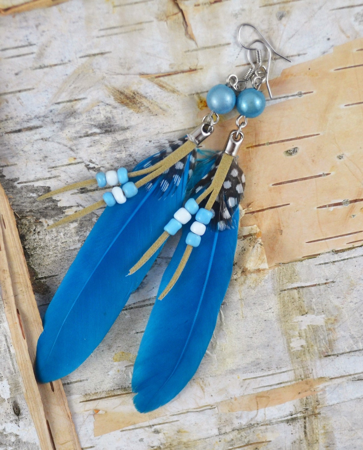 Blue Feather Earring Natural Feather Earring. Silver platered
