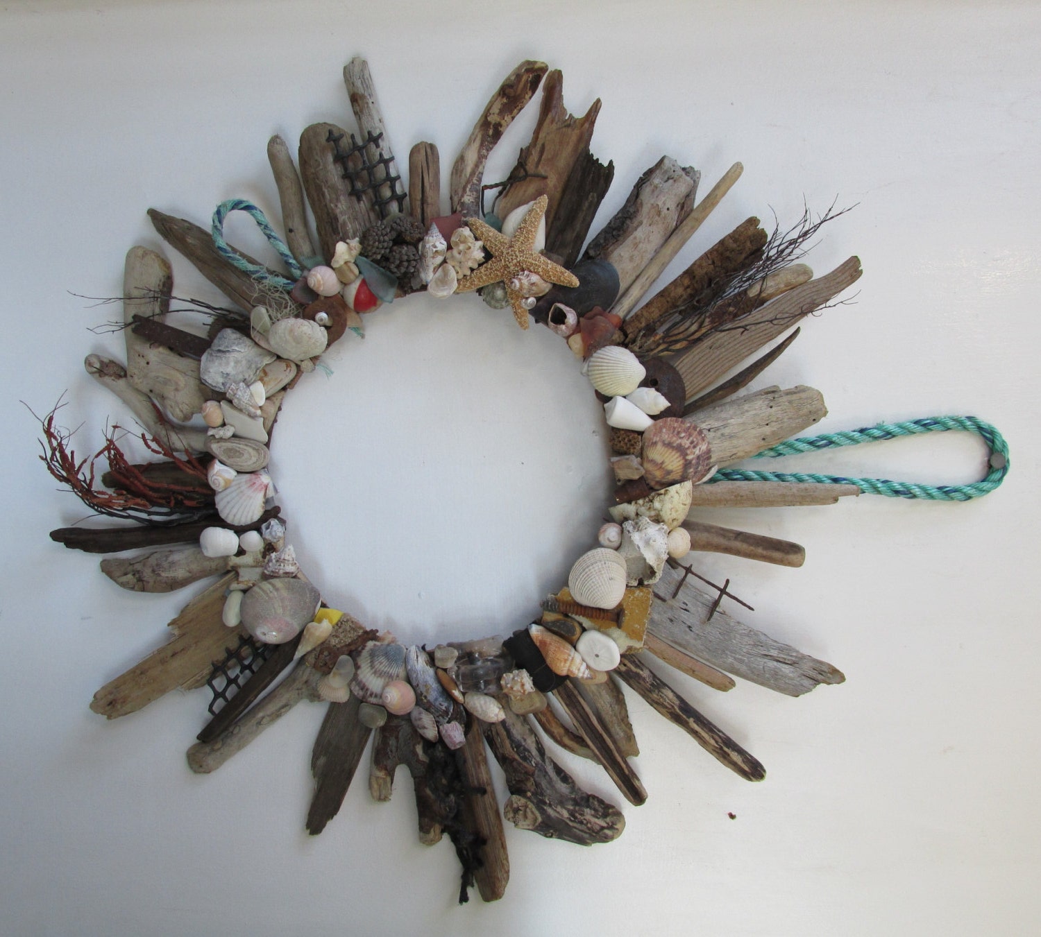 Ocean Wreath with beach items: shells driftwood seaweed