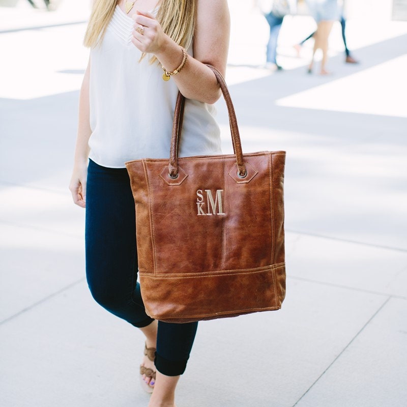 Rustic Leather Tote Purse Monogram Womens Personalized