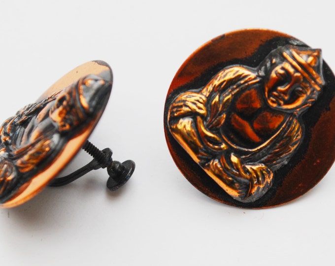 Buddha Copper earring - Screw Back earrings - Mid Century mod