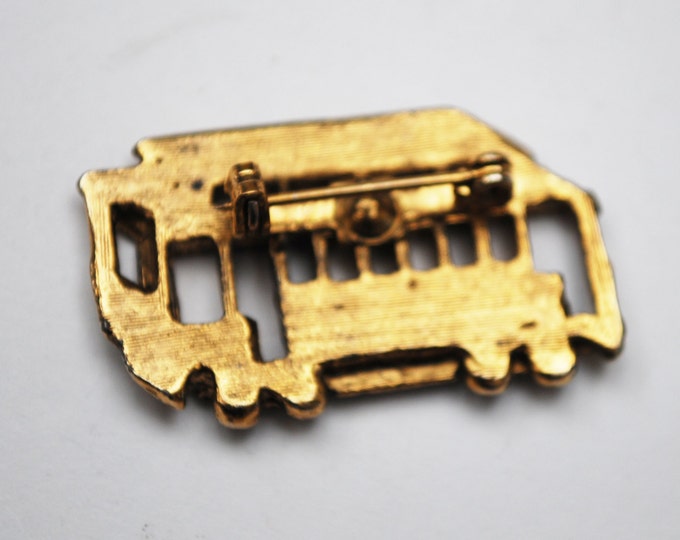 San Francisco Cable car Pin- Blue rhinestone - Brass bus brooch