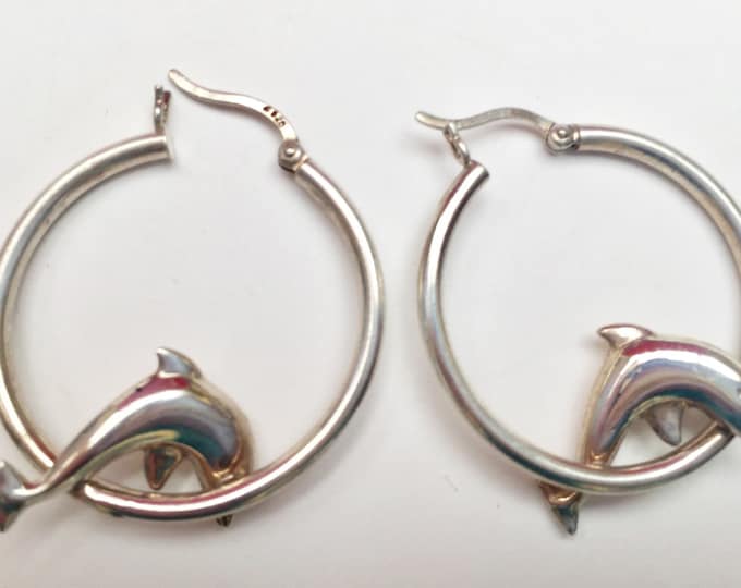 Sterling Dolphin earrings - silver Hoop - sea life - figurine - pierced earrings