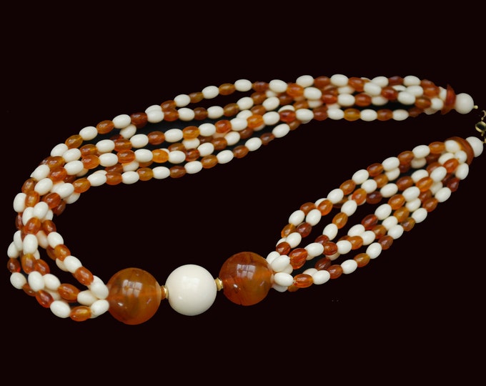 Root beer white torsade Bead Necklace - multi strand - Lucite Plastic - Mod groovy necklace