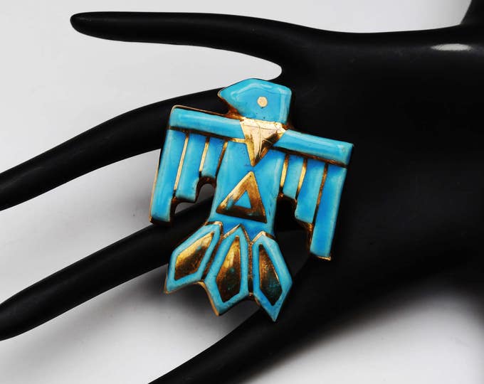 South western bird Brooch - Ceramic turquoise bird brooch - Native American - vintage pin