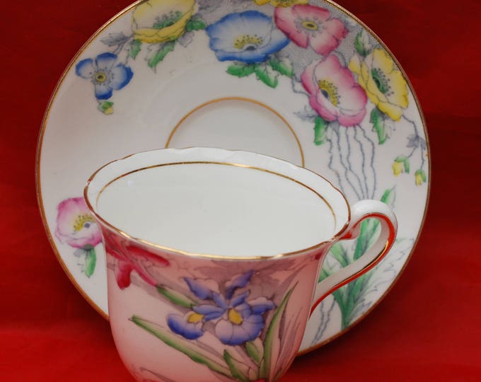 Rosina Floral Tea cup Saucer - Made in England - Bone China - red blue flower - Shabby chic tea party