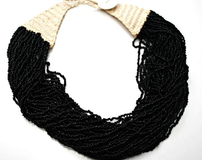 Black Torsade Necklace - Multi Strand of Black Glass Beads - India Naga tribe - Vintage bead Necklace