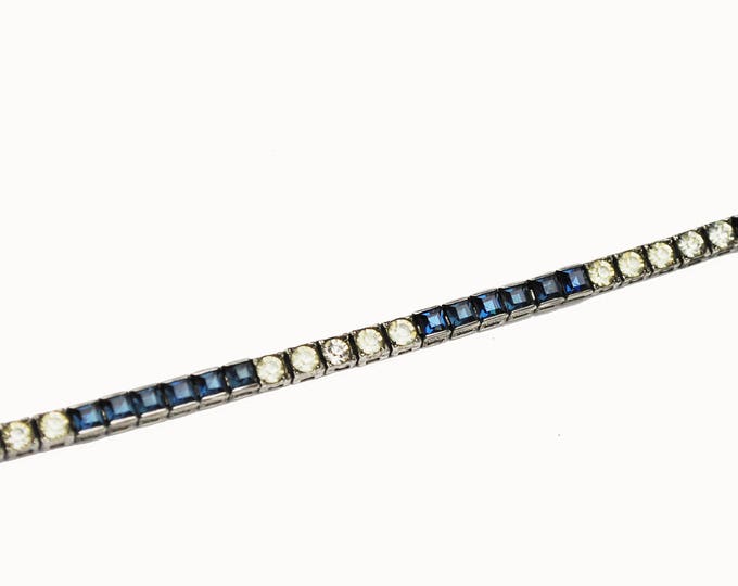 Otis Sterling Blue Rhinestone Bracelet - Art DEco - Clear sapphire blue stones - channel set - Signed - Tennis Bracelet