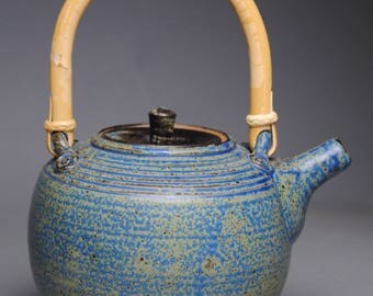 Clay Teapot Blue with Cane Handle G34