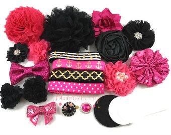 DIY 30 pcs Black/Dark Pink/Gold Flower Headband Kit- Baby Headband Kit - Flower Kit- Baby Shower/Birthday/Party Favor/Craft Supplies Kit