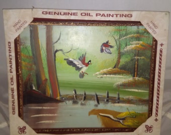 Mallard oil painting, hand painted ducks in flight, framed oil painting ready to hang