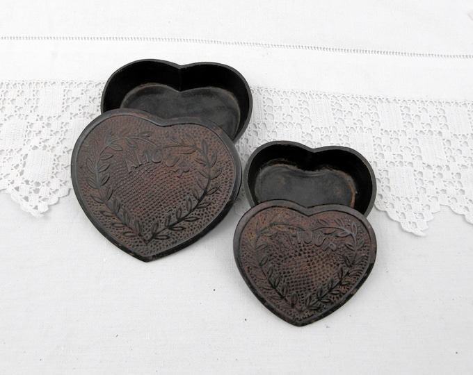 Antique French Heart Shaped Cast Iron Box with "Amour" Love Embossed on the Lid , Romantic, Lovers, Anniversary, Wedding, Couple, Married
