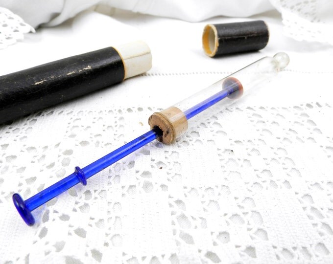Antique French Boxed Blue and Clear Glass Syringe Extractor / Extraction Tube, Apothecary Laboratory Medical Equipment, Curios Doctor Prop