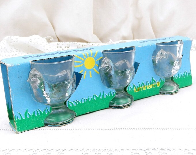 3 Unused Boxed Vintage French Clear Glass Chicken / Rooster / Hen Shaped Egg Cups Made by Luminarc, French Retro, Home, Kitchenware, Arc