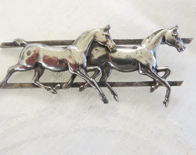 Sterling Silver Horses Brooch, Equestrian Pin, Vintage Horse Jewelry