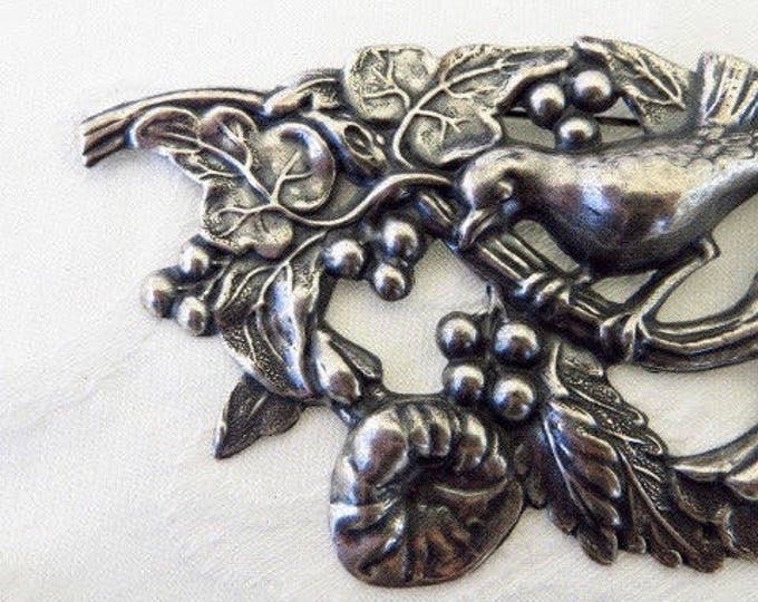 Antique Art Nouveau Brooch, Sterling Bird Pin, Flowers Berries and Leaves, Nature Jewelry