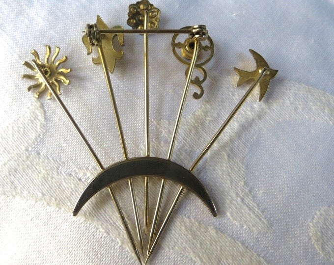 Vintage Stickpin Brooch, Unsigned Goldette Stickpin Pin, Fleur di Lis, Bird, Sun