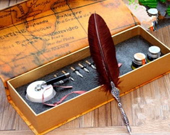Writting Feather quill pen set- Antique Feather Pen Set - Metal Nibbed Calligraphy Pen Set Writing Quill- Metal Pen Stand -MK-003-02