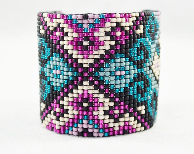 Teal pink bracelet Woven loom Seed beads bracelets Pattern geometric Wide Woven on the loom Silver end tip Beading Womens girls gift Cuff