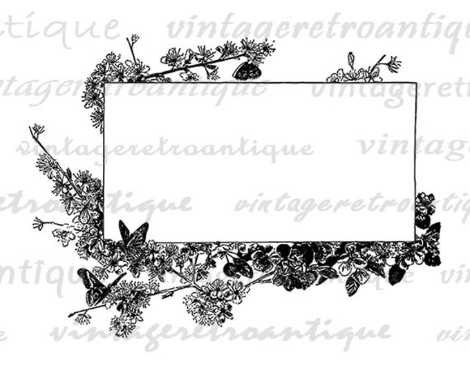 Printable Butterflies Flowers Design Digital Graphic Blank Frame Box Download Image Vintage Clip Art Jpg Png Eps HQ 300dpi No.3593