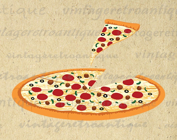 Pizza with Slice Illustration Printable Digital Graphic Image Download Vintage Clip Art HQ 300dpi No.2078