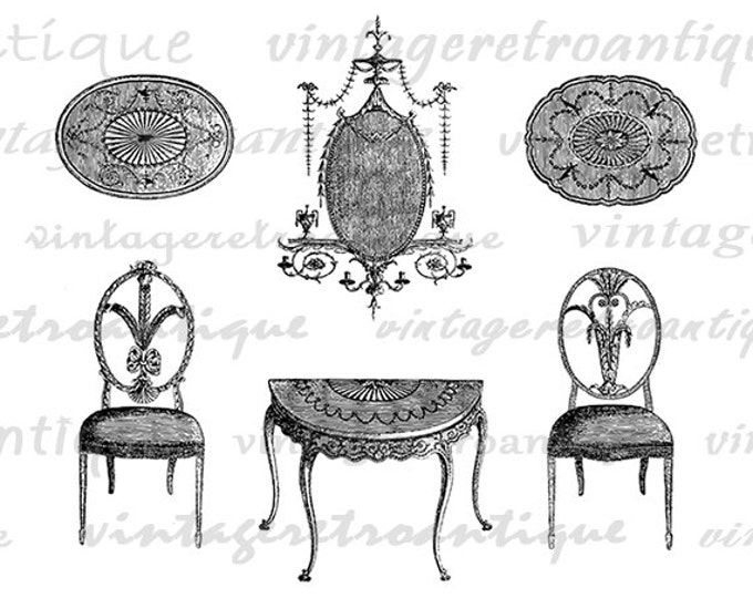 Antique Furniture Printable Digital Image Chair Table Illustration Graphic Download Artwork Vintage Clip Art HQ 300dpi No.1573