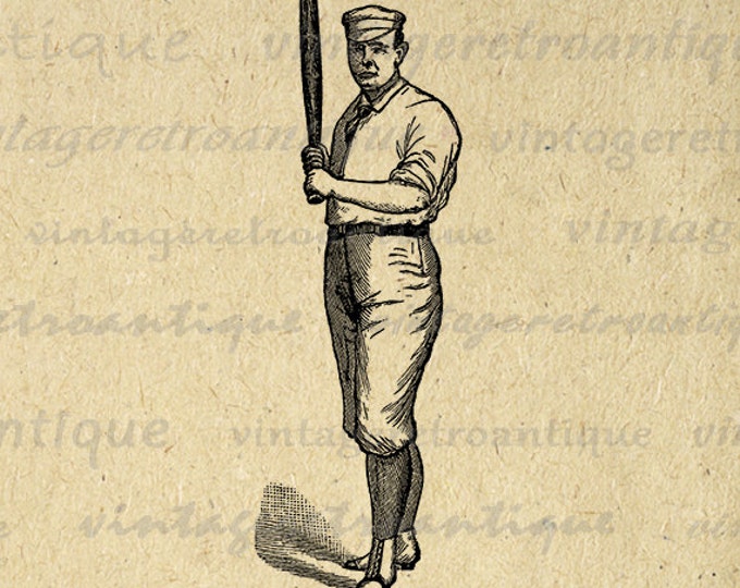 Old Fashioned Baseball Player Graphic Digital Printable Baseball Image Download Vintage Clip Art Jpg Png Eps HQ 300dpi No.4311