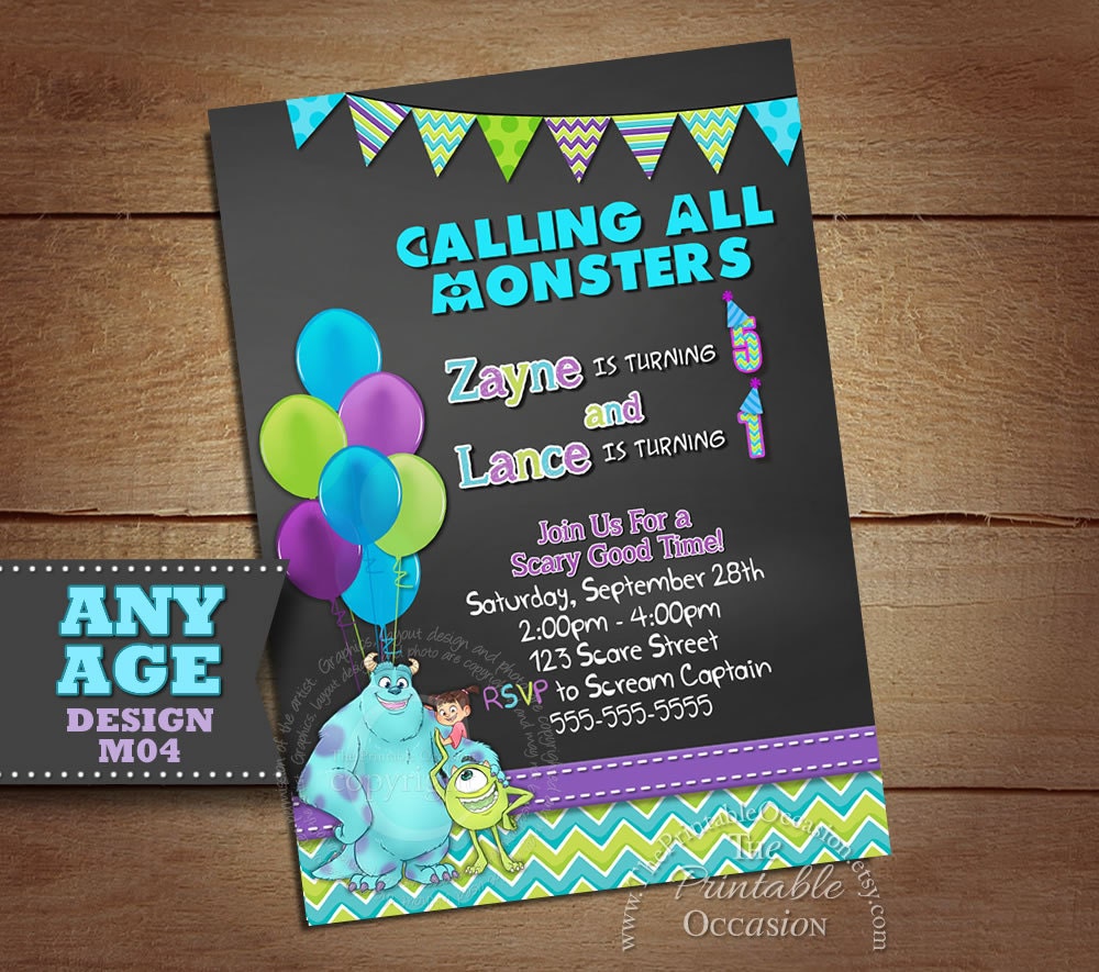 Monster Inc Invitation for Twins or Siblings Monsters Inc