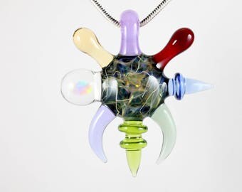 Heady Silver / Gold Fumed Chaos Pendant with White Opal and Multi-colored Attachments