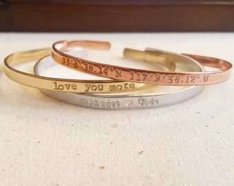 Skinny Cuffs - Hand Stamped, Personalized Bracelet, Bridesmaid Gifts