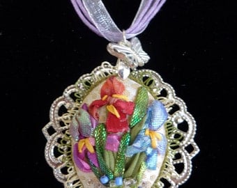 Pendant ,necklace, embroidered with silk ribbon, ribbonwork, ribbon flowers, gifts for her, unique
