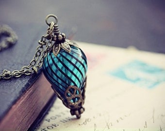 Balloon Necklace Hot Air Balloon Steampunk Jewelry Turquoise Airship Blue Glass Dirigible Pendant Around the World 80 Days Neo Victorian
