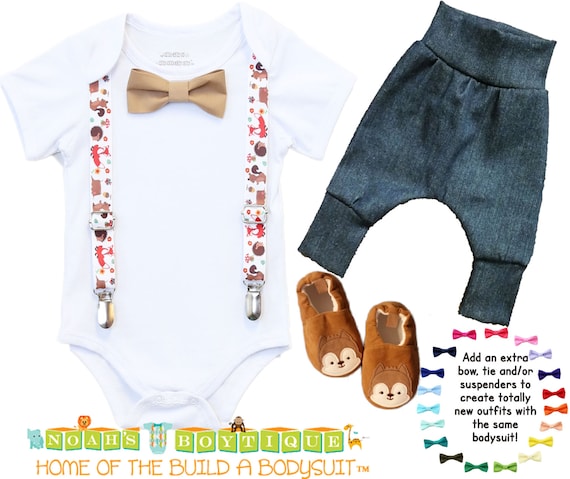 Woodland Baby Shower Gift Set Baby Boy - New Boy Gift - Coming Home from The Hospital Outfit - Fox Mocs - Denim Harem Baby Pants - Forest Il_570xn
