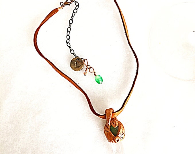 Aventurine and Crystal Quartz Point Leaf Bronze Pendant on Tan Deer Skin Leather Choker, Green Gemstone and Crystal Necklace