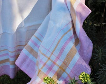 Vintage 1950s Linen Tablecloth / Square Tablecloth / Pink and Yellow Plaid Border Barkcloth / Fine Linens / Table Linen / Tablecloth