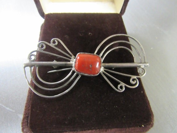 Navajo coral pin sterling silver bow style