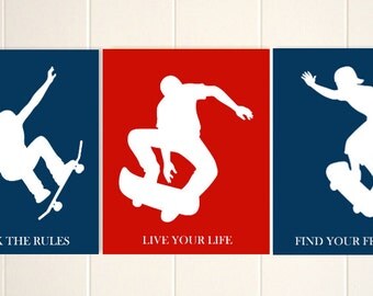 Boys room wall art, skateboard art, sports art, skateboarding, teen boy wall art, dorm room art, inspirational art for boys, Set of 3
