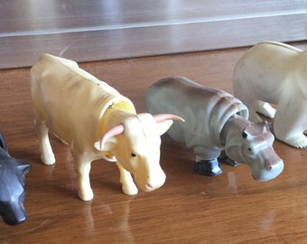 4 Antique Occupied Germany Plastic Nodders, Bobble Head toys Grizzly and Polar Bear, Hippo and Cow